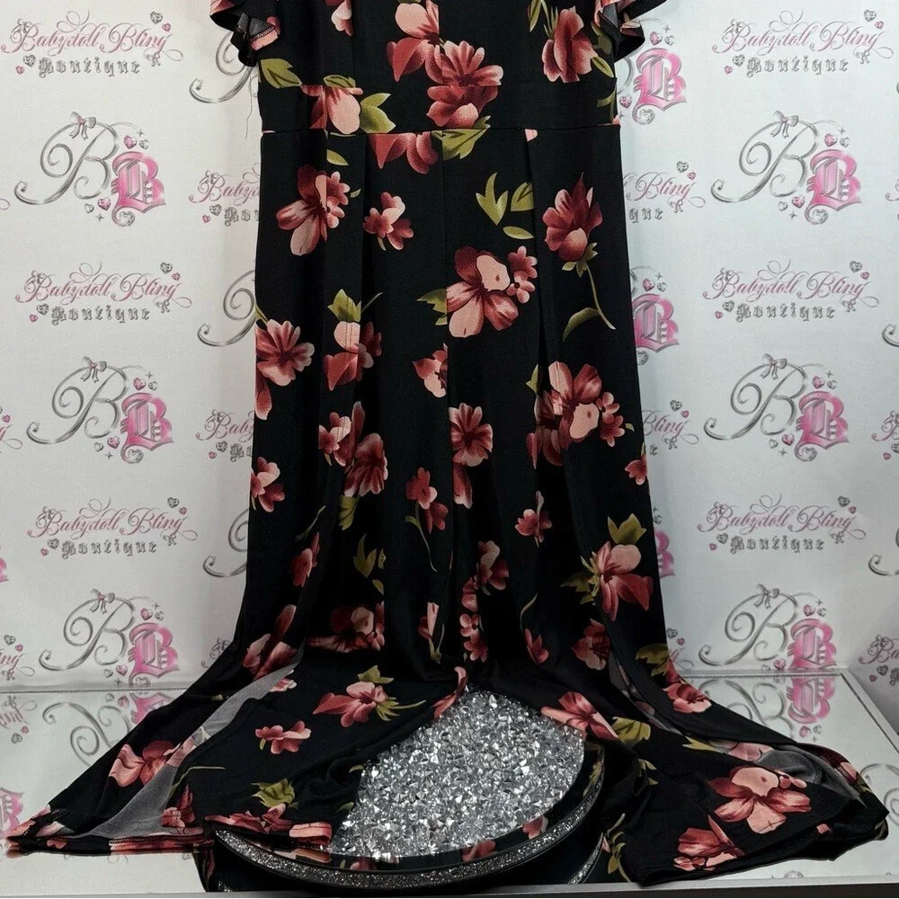 YOINS pants suit jumper romper flowy ruffle sleeve Black Pink Floral Jumpsuit